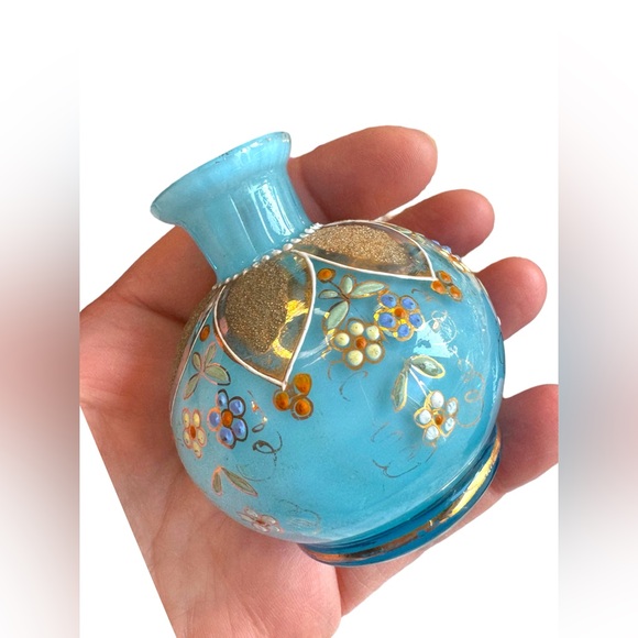 Antique Hand painted Blue Opaline French perfume bottle 4x3” - Picture 2 of 6